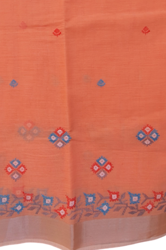 A light peach pink sari linen saree with embroidered geometric patterns and a contrasting border.