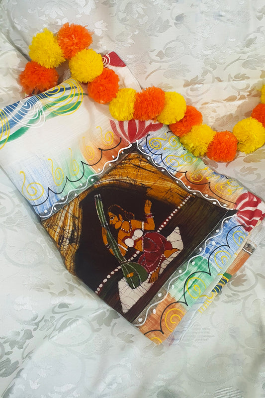 White hand painted cotton saree