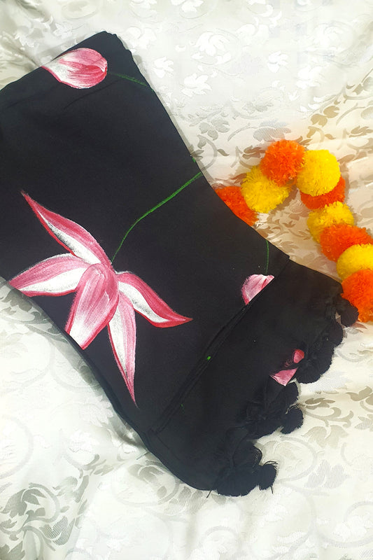 Black Hand painted cotton saree