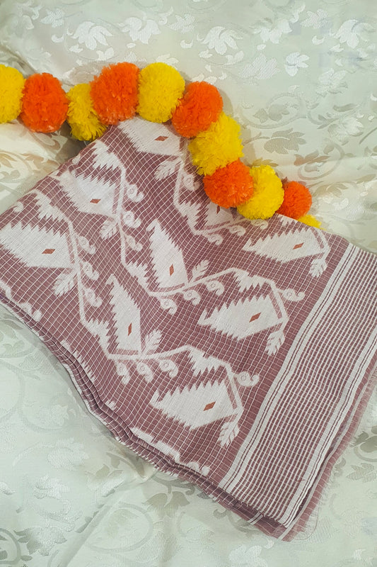 Mauve check jamdani cotton saree