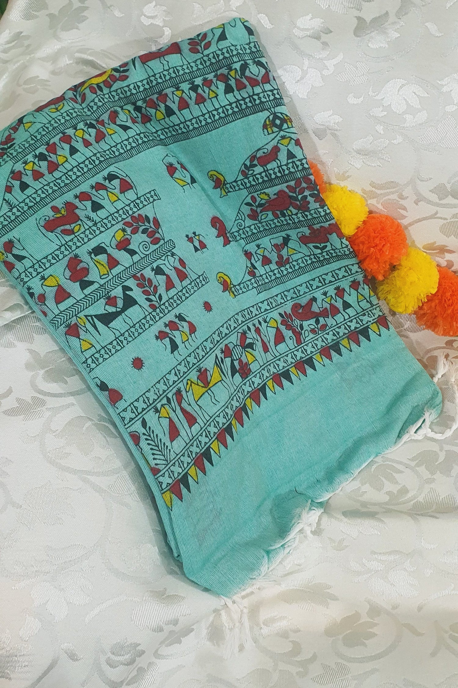 cyan green warli painted saree