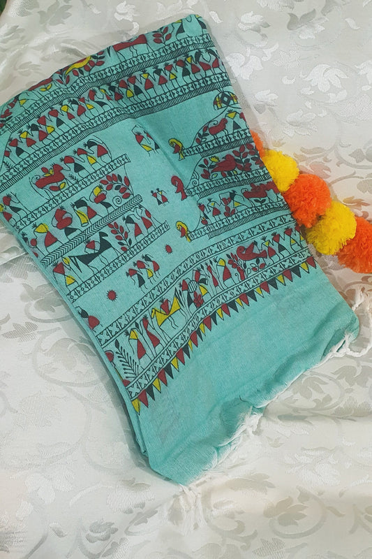 cyan green warli painted saree