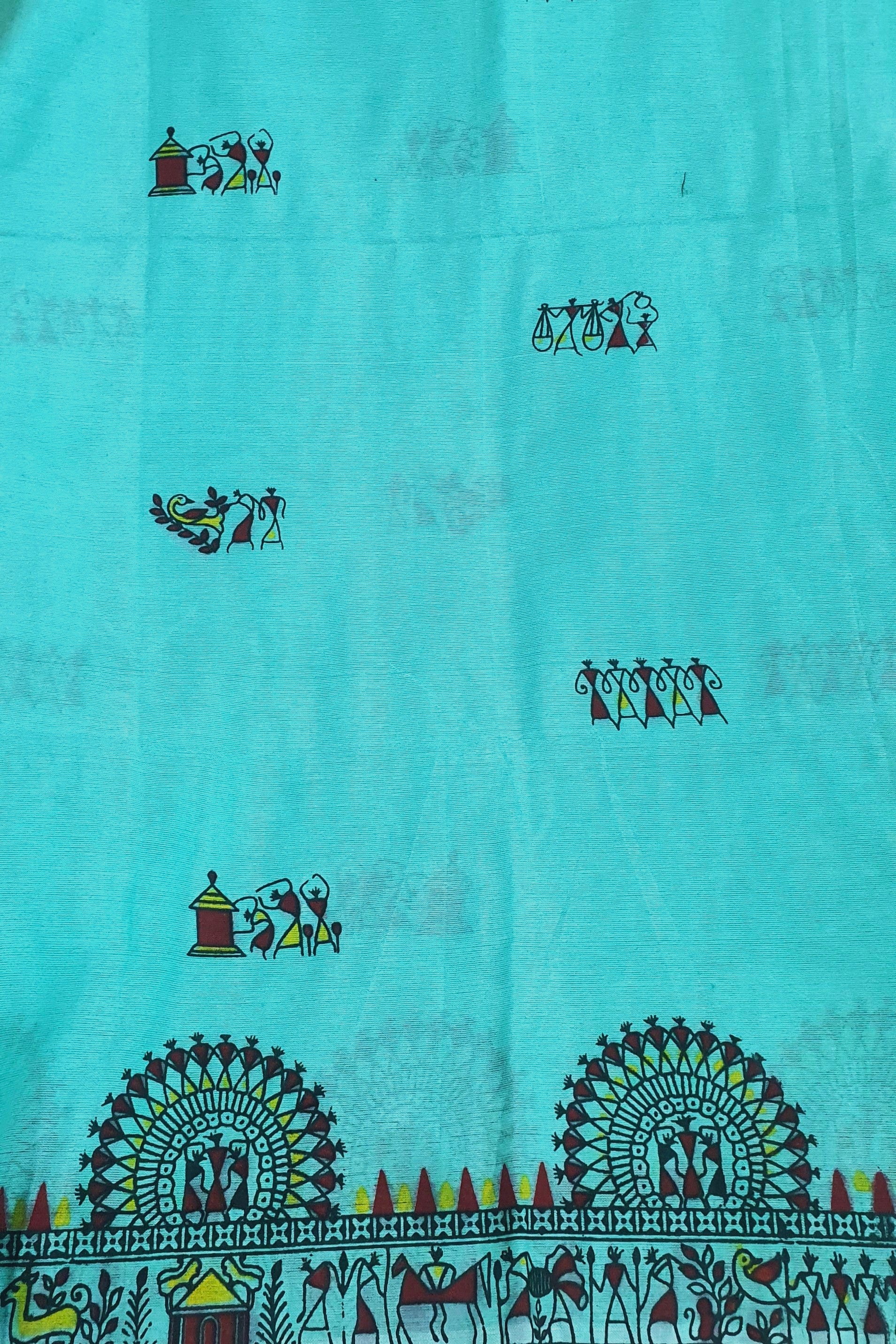 cyan green warli painted saree