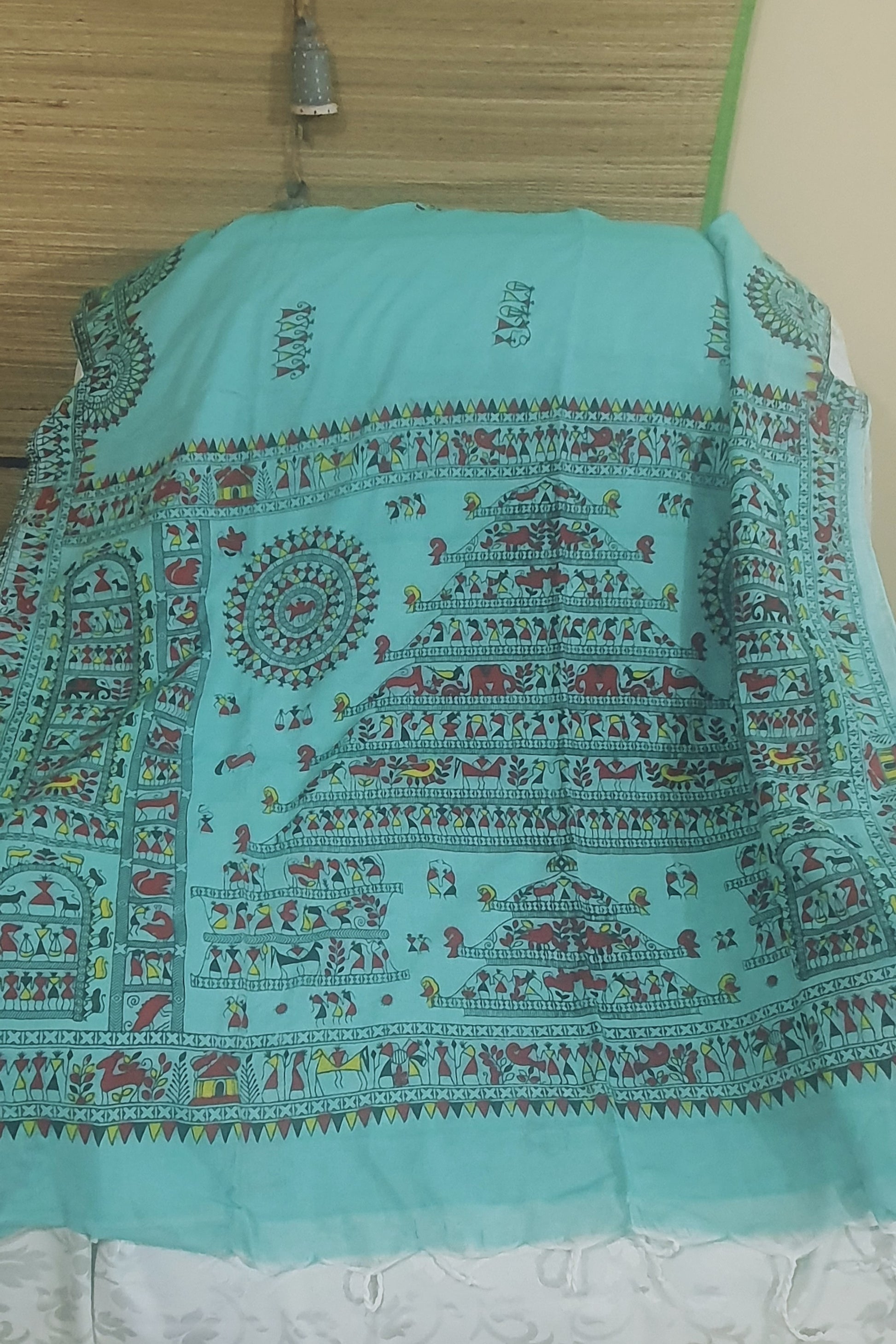 cyan green warli painted saree