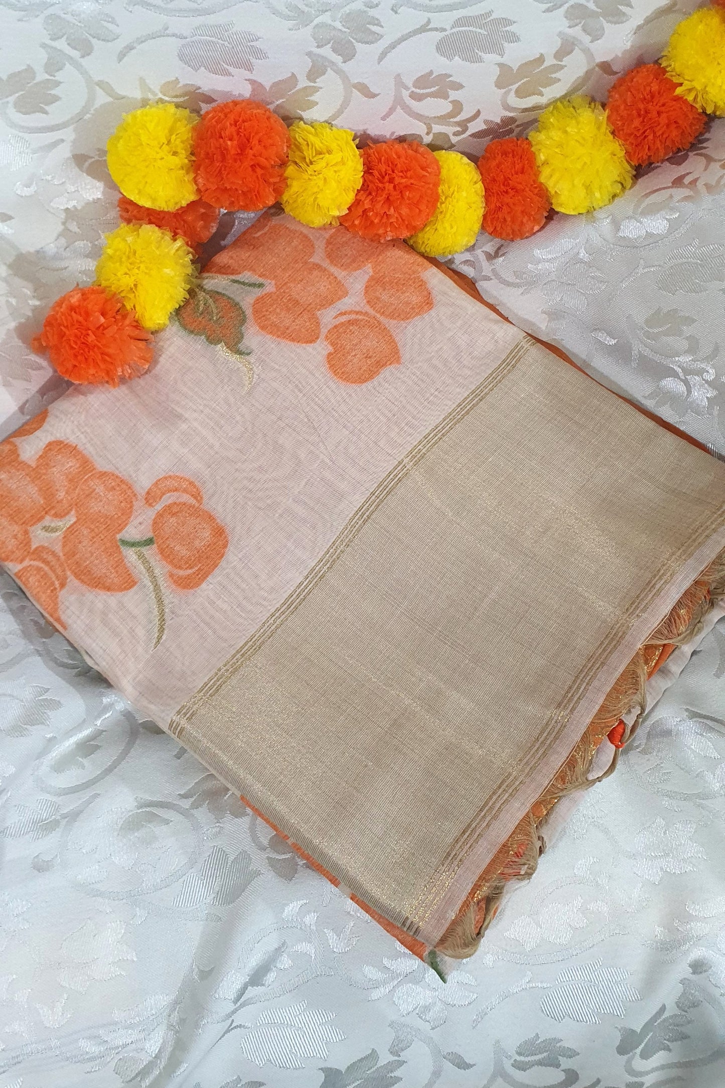 Orange OffWhite Muslin Cotton Saree