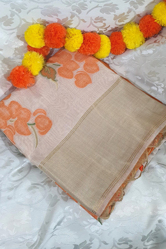 Orange OffWhite Muslin Cotton Saree
