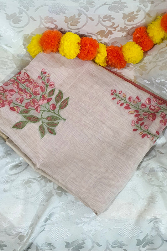 Red OffWhite Muslin Cotton Saree