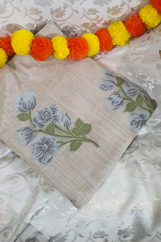 Blue OffWhite Pure Muslin Cotton Saree