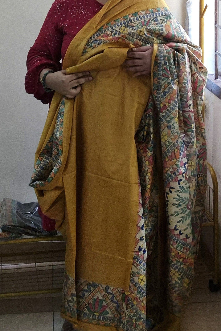 Yellow Pure Handloom Tussar Silk Saree