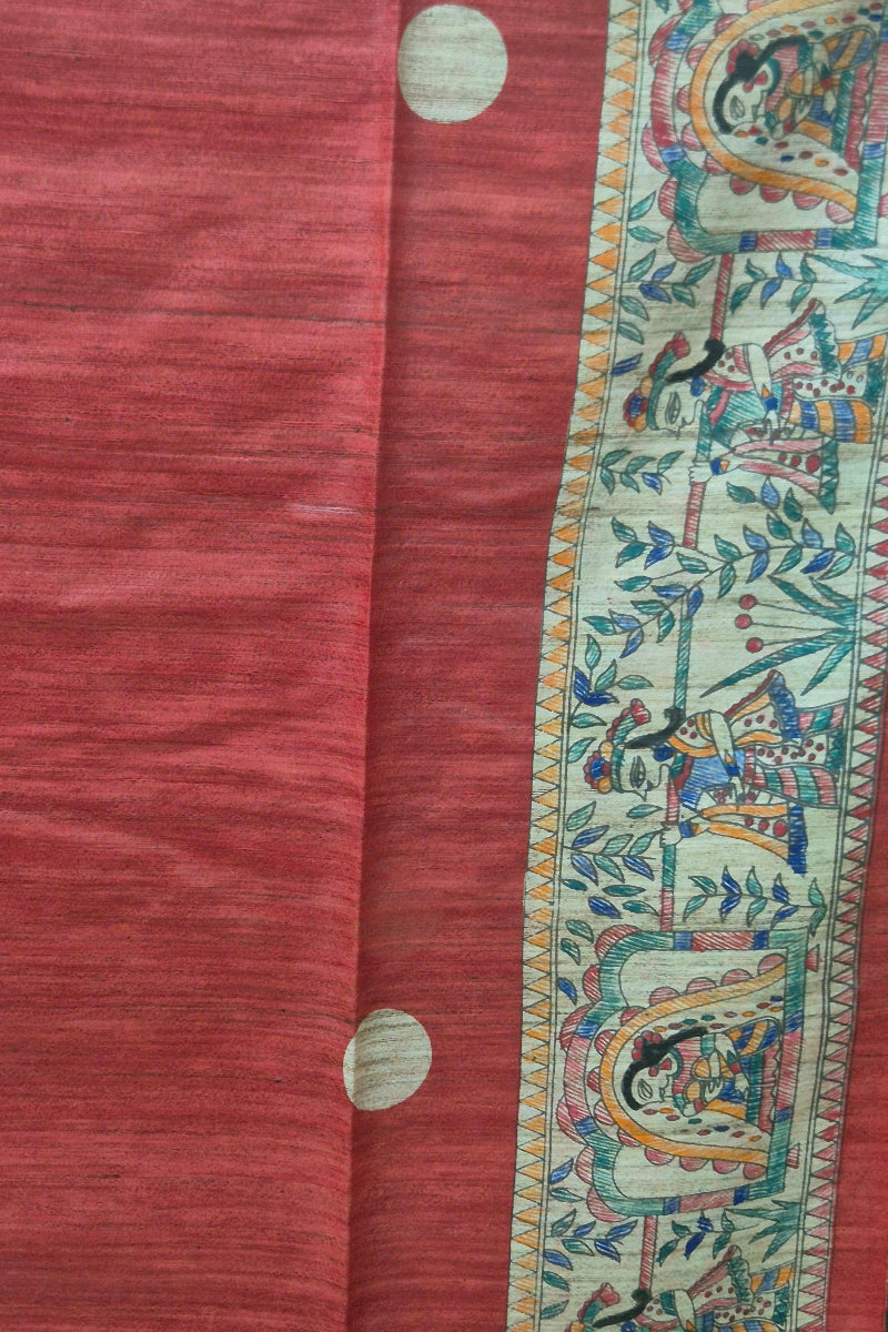 Red Pure Handloom Tussar Silk Saree