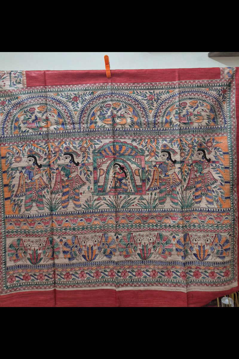 Red Pure Handloom Tussar Silk Saree