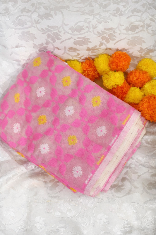 Beige Neon Pink Saree