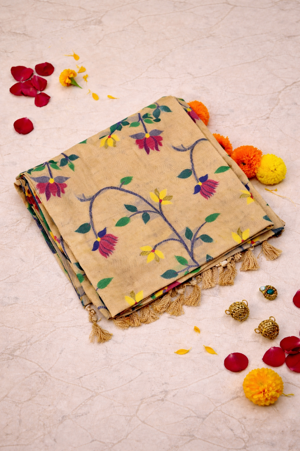 Beige handloom cotton silk jamdani saree