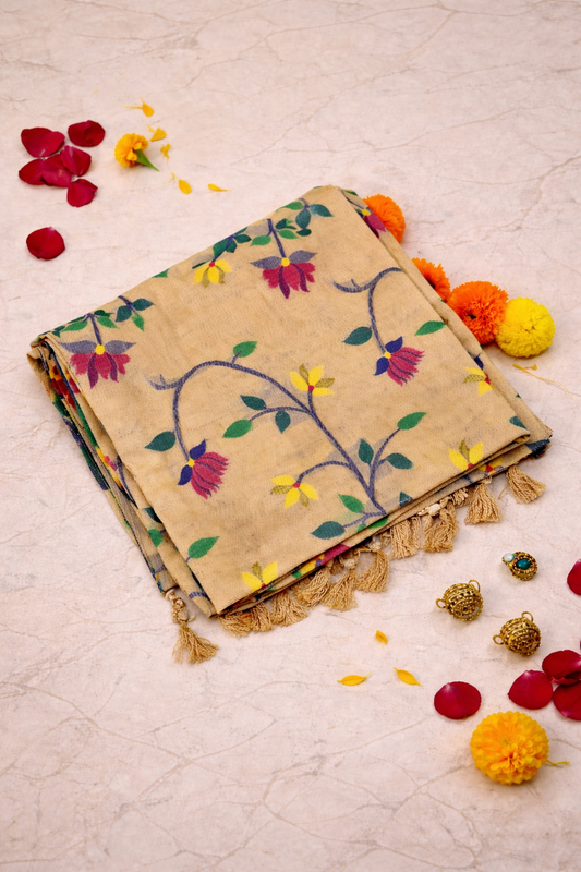 Beige handloom cotton silk jamdani saree