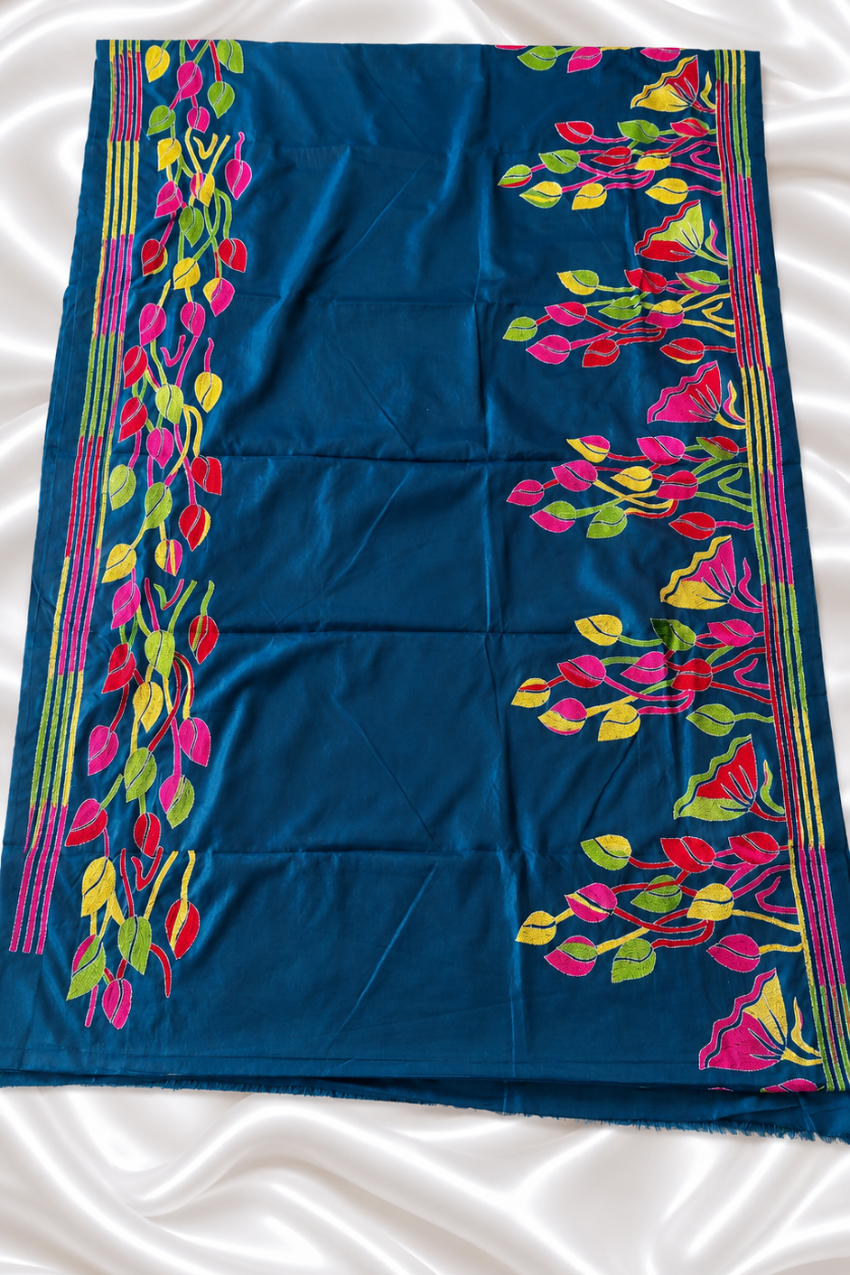  Blue Pure Handmade Kantha Embroidery Saree
