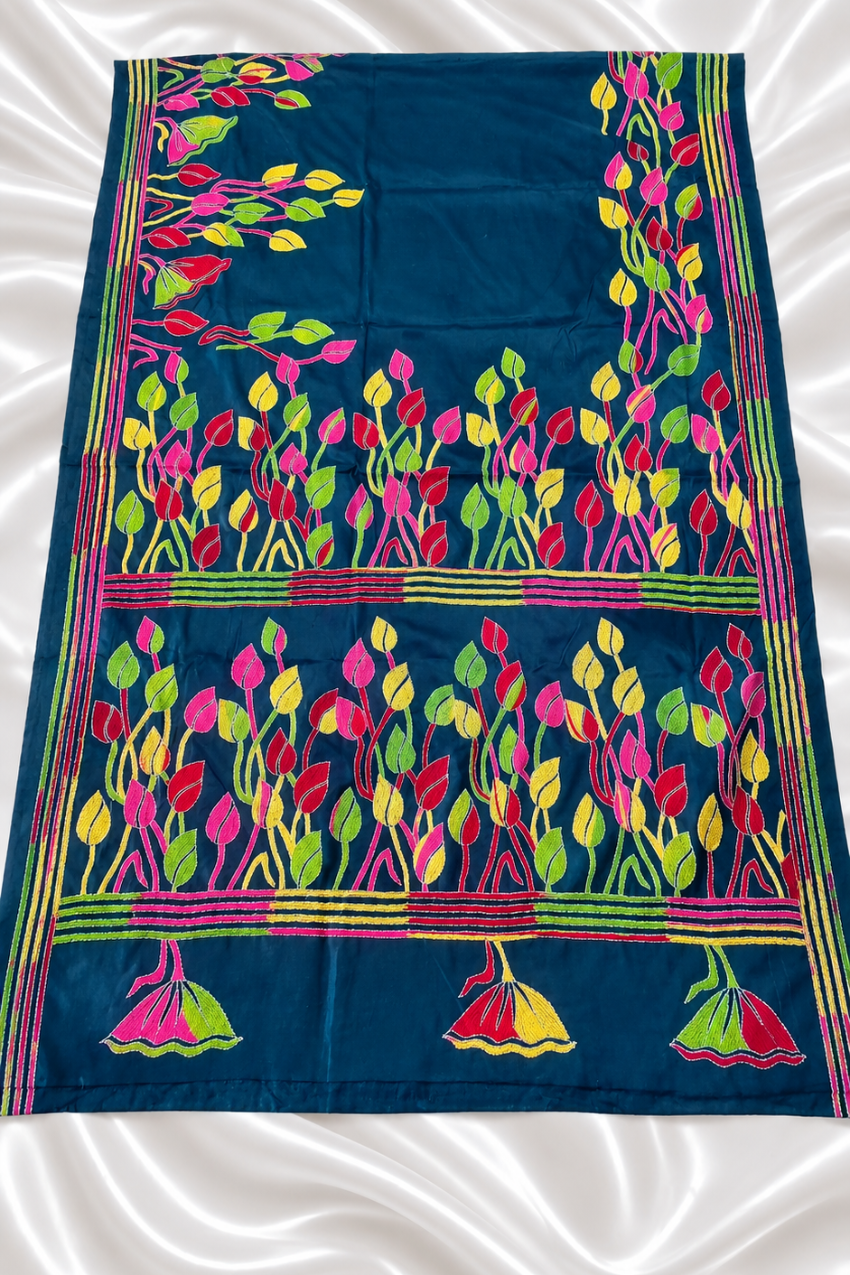  Blue Pure Handmade Kantha Embroidery Saree1