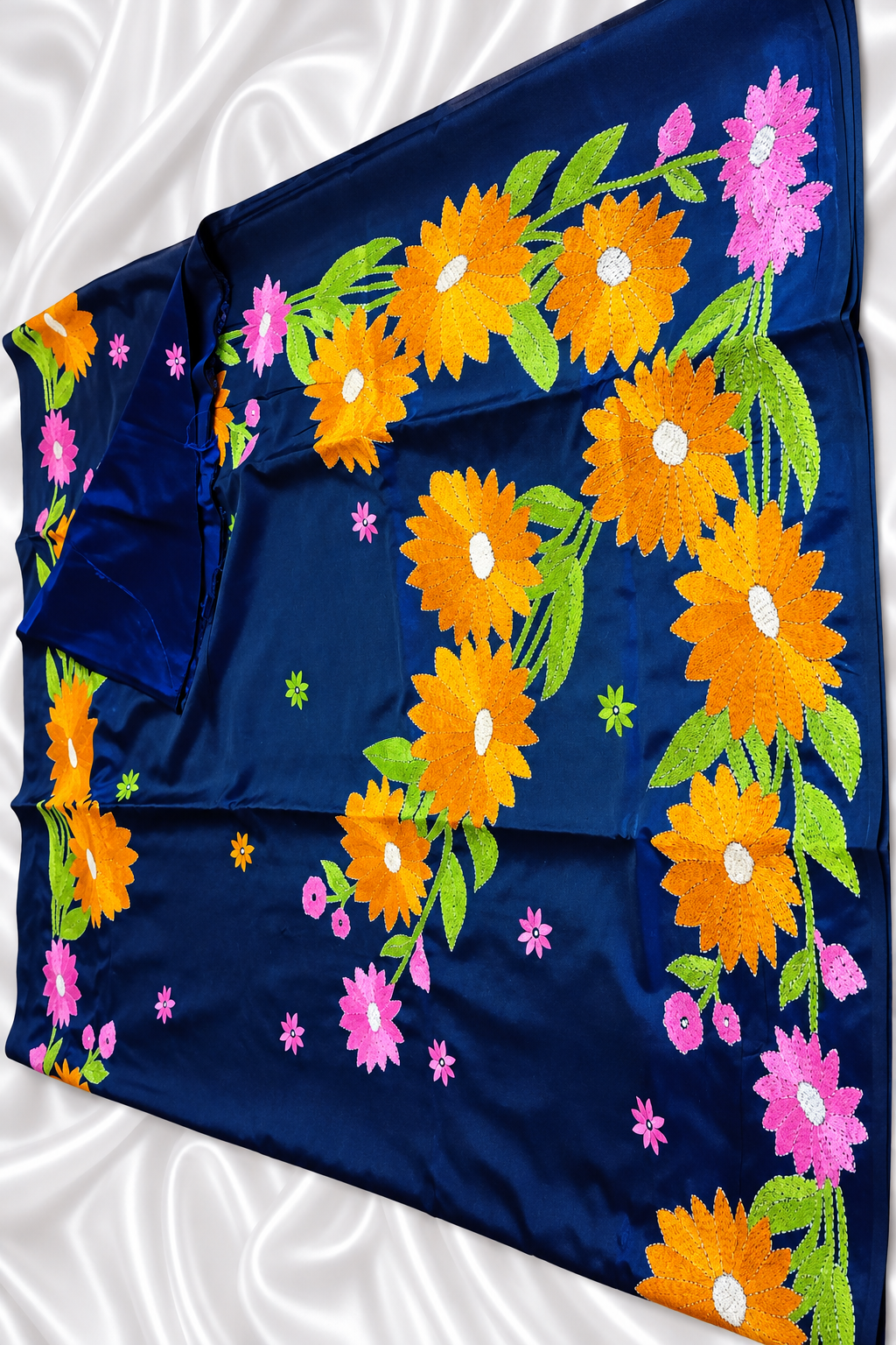 Blue exclusive freeform flowers pure handmade kantha stitch saree 