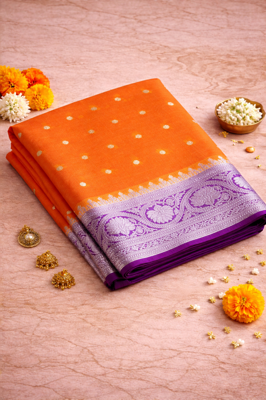 Orange Katan Banarasi Saree Worn by Heena Gehani