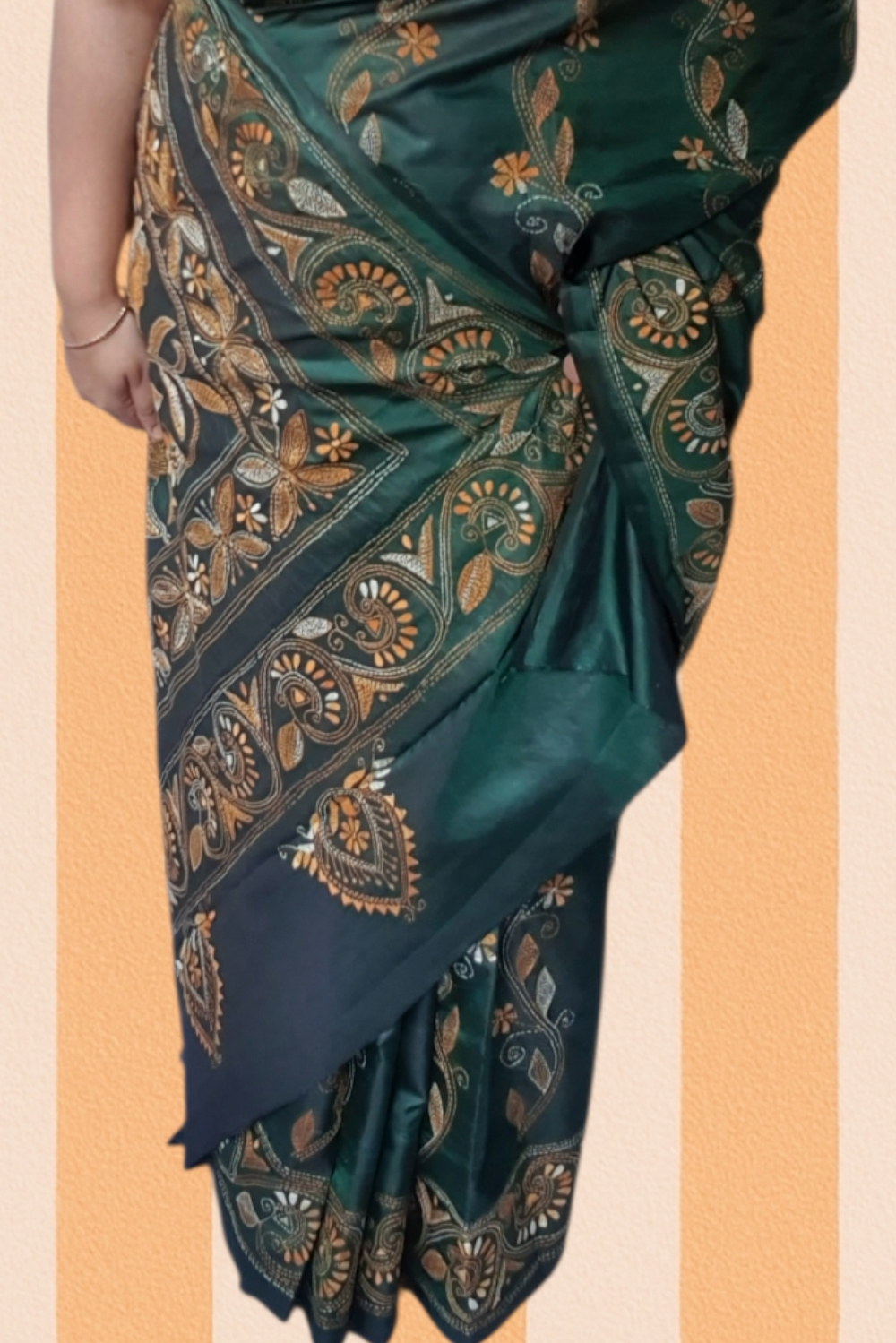 Dark Green Hand Kantha Stitch Saree