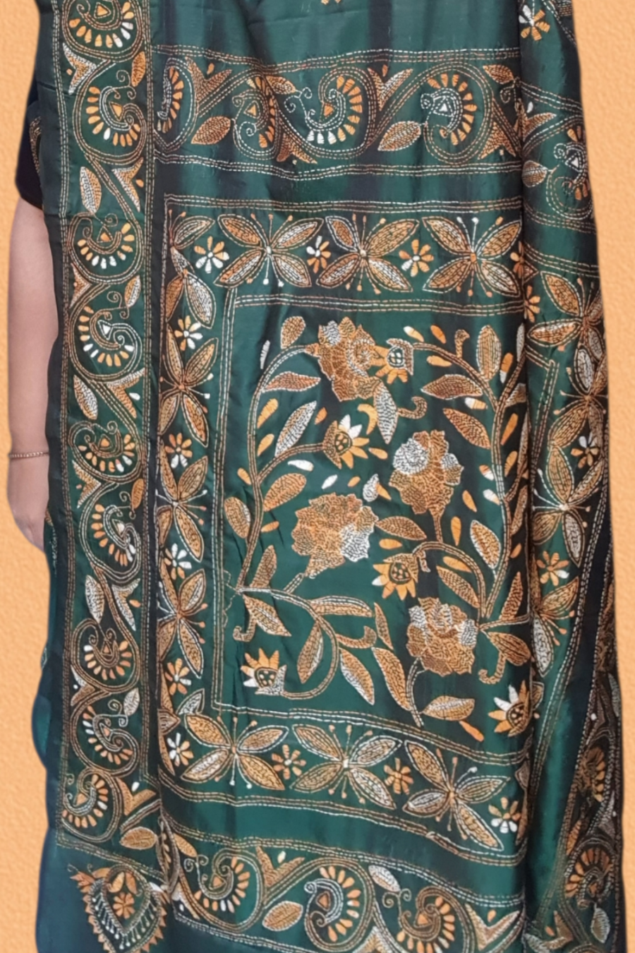 Dark Green Hand Kantha Stitch Saree