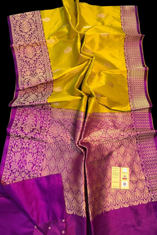 Yellow Pure Handloom katan Banarasi 