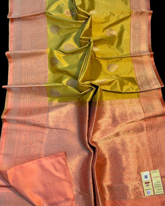 Yellow Green Pure katan Banarasi