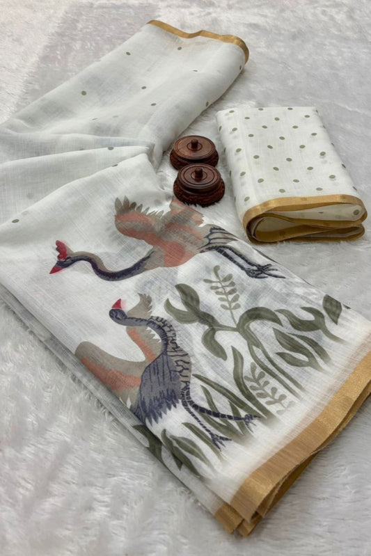 Bird Printed Cotton Saree