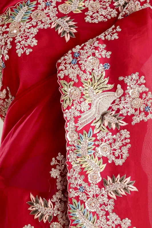 Red Satin Tissue Saree