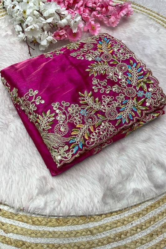 Rani Pink Satin Tissue Saree