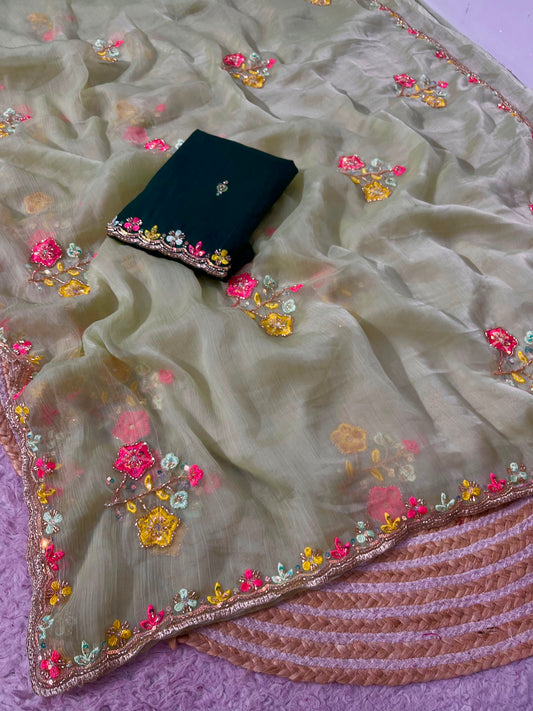 Green gold crush fabric festive wear saree