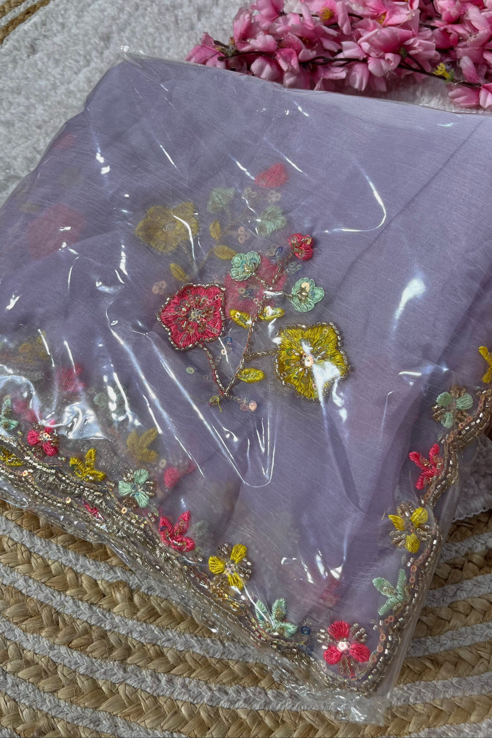 Lavender gold crush fabric festive wear saree