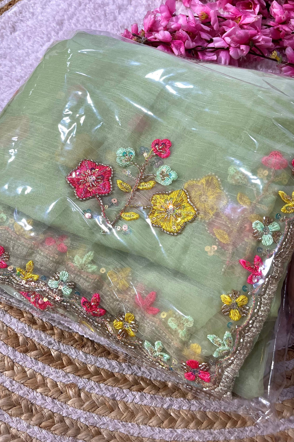 Green gold crush fabric festive wear saree