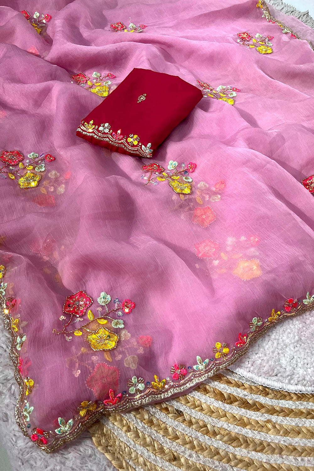 Pink gold crush fabric festive wear saree