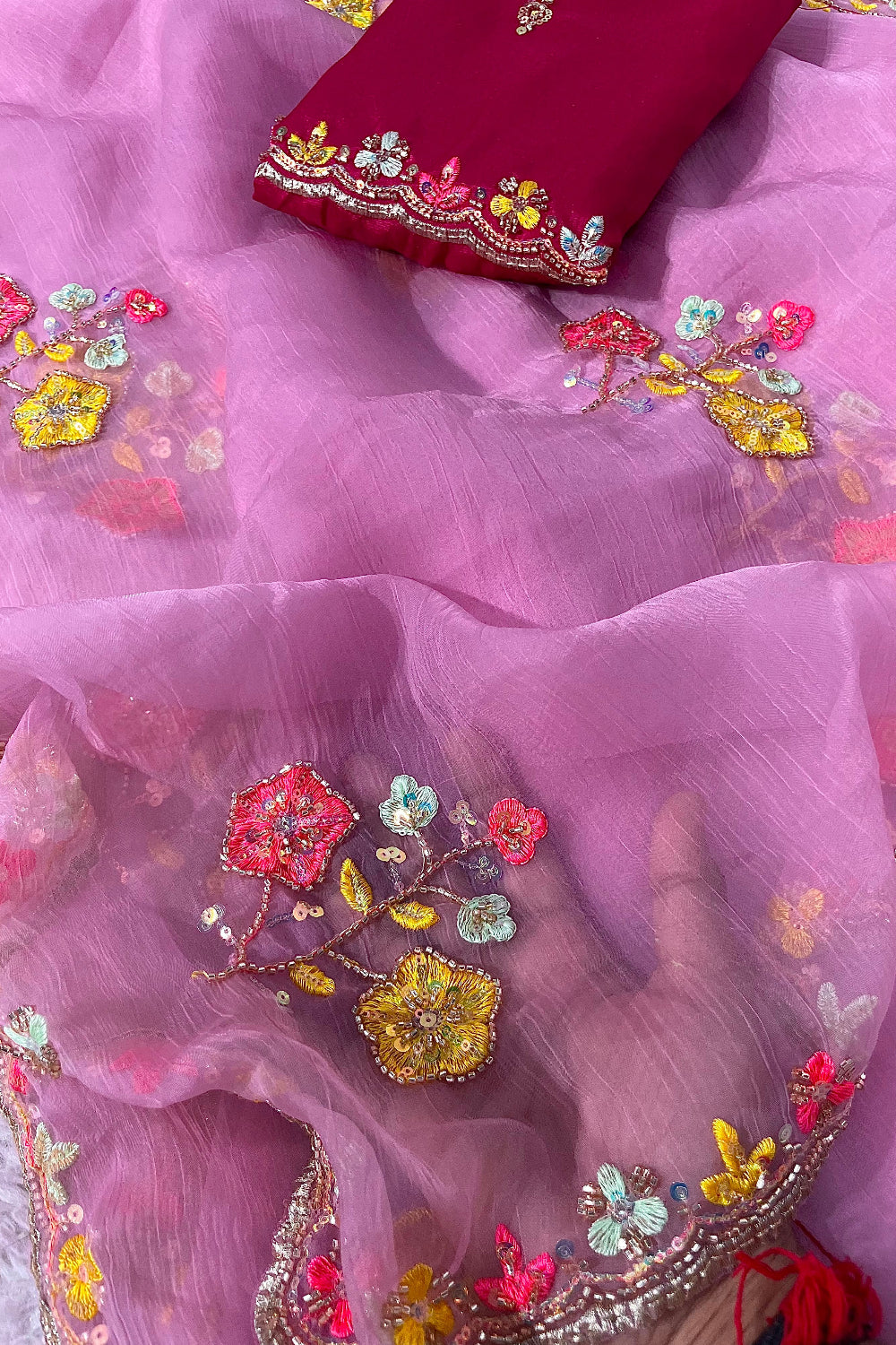 Pink gold crush fabric festive wear saree