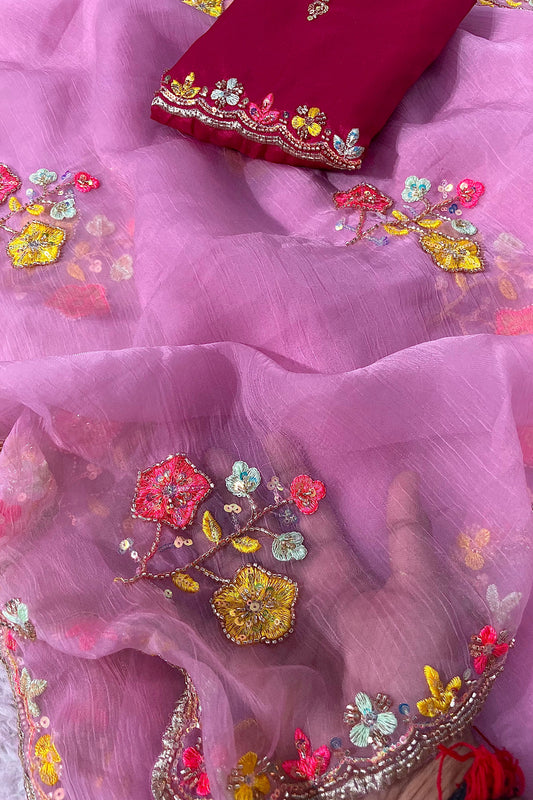 Pink gold crush fabric festive wear saree