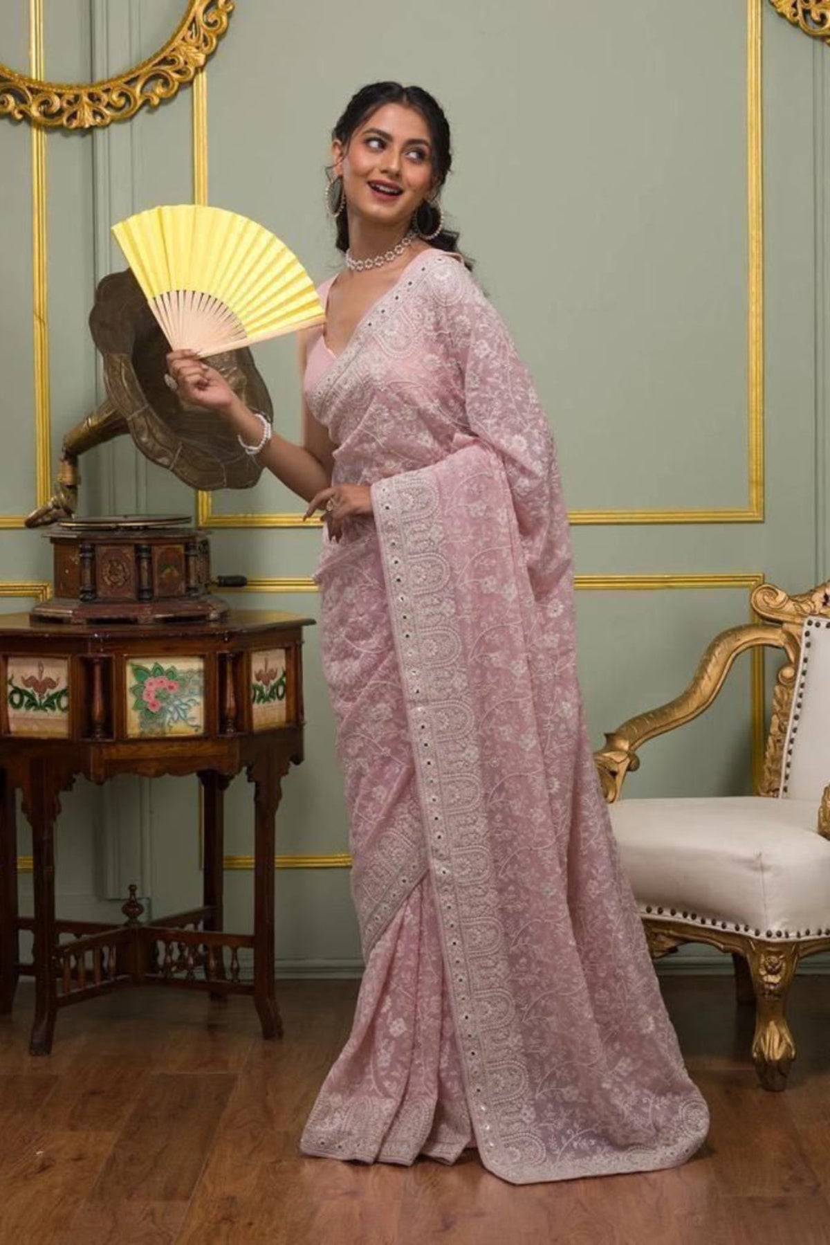 Pink heavy chikankari  work festive wear saree