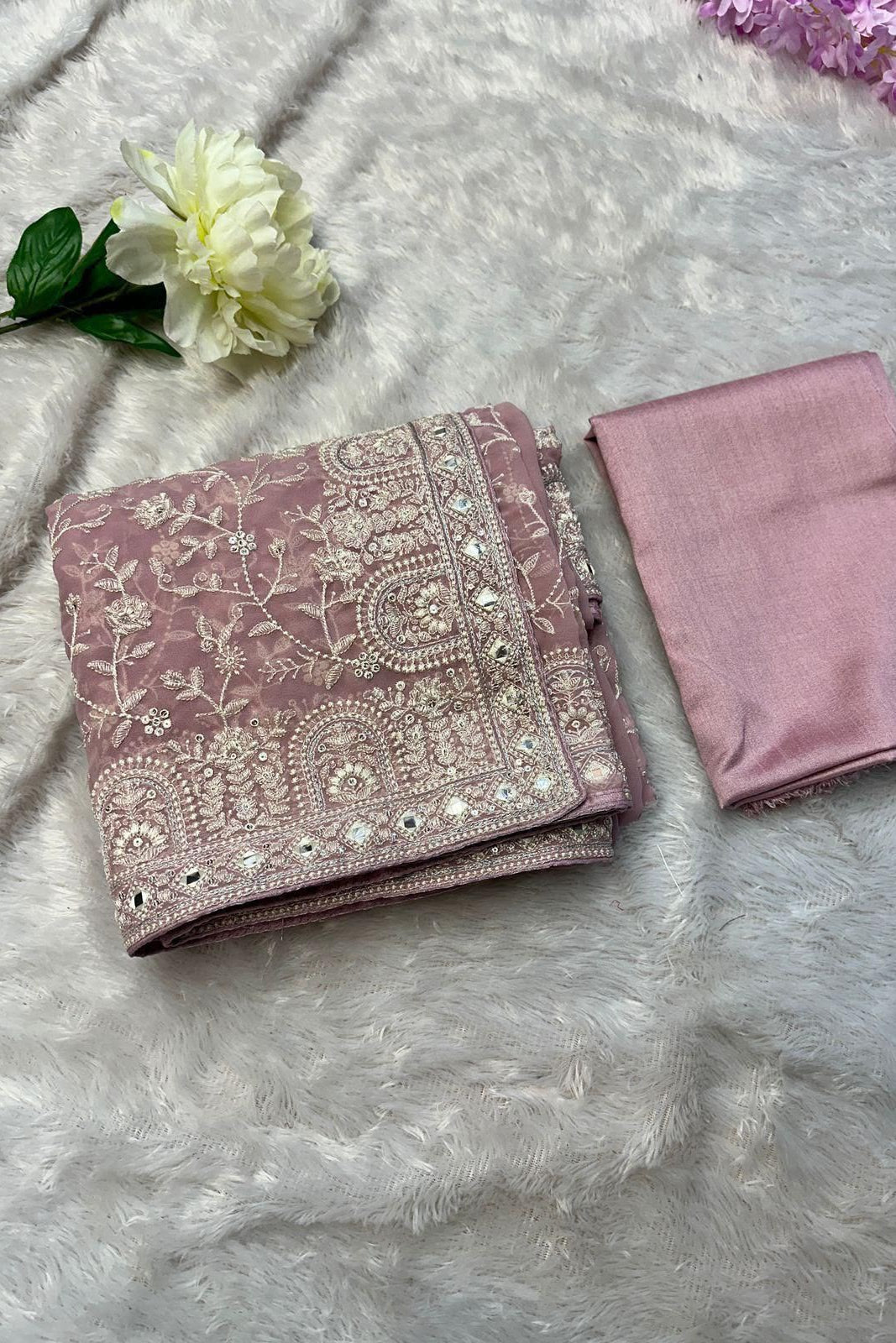 Pink heavy chikankari  work festive wear saree