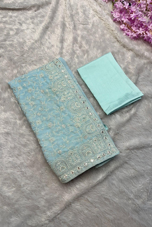 Ice Blue heavy chikankari  work festive wear saree