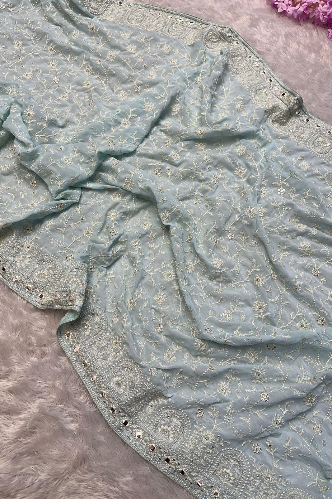 Ice Blue heavy chikankari  work festive wear saree