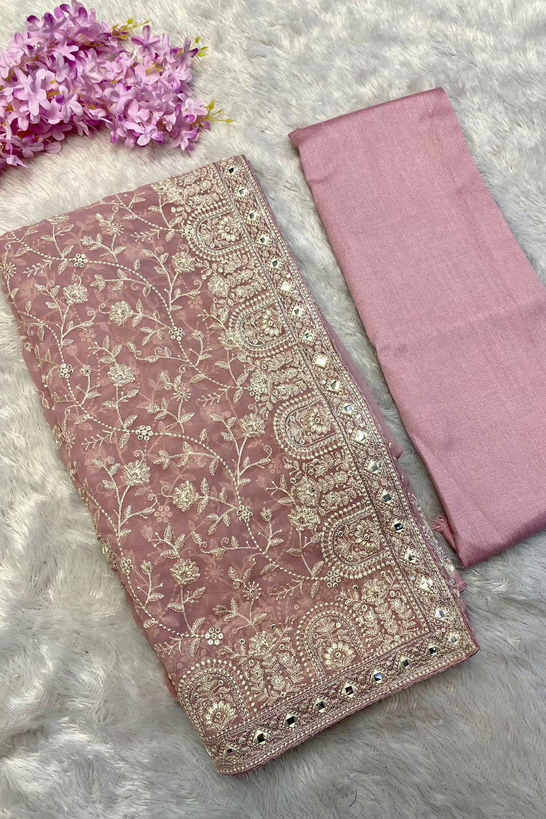 Pink heavy chikankari  work festive wear saree