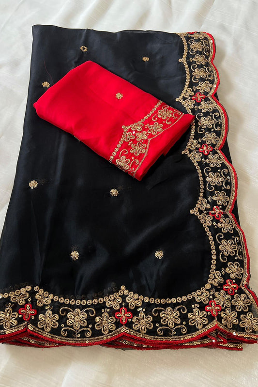 Black Georgette embroidery work festive wear saree