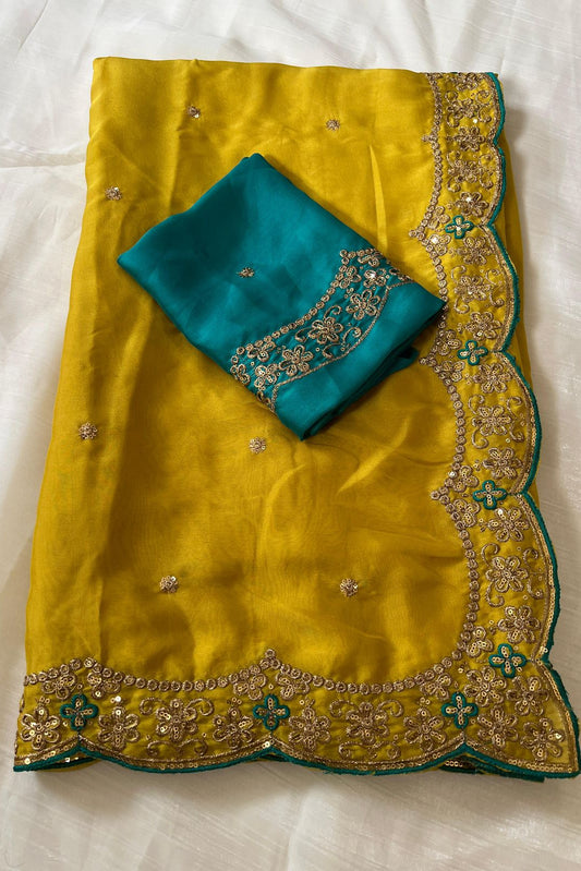 Mustard Yellow Georgette embroidery work festive wear saree