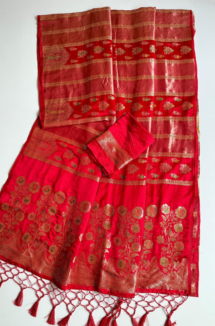 Red meenakari weaving work festive wear saree