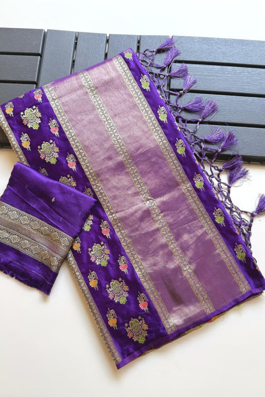 Bluish Violet meenakari weaving work festive wear saree