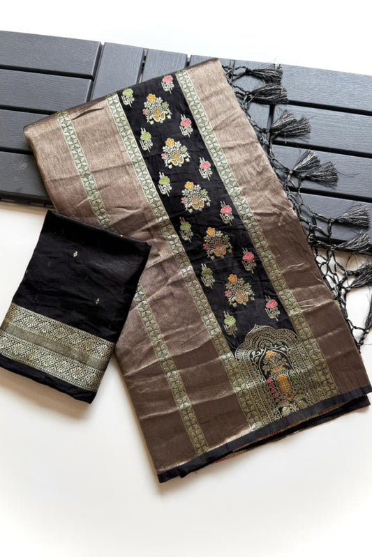 Black meenakari weaving work festive wear saree