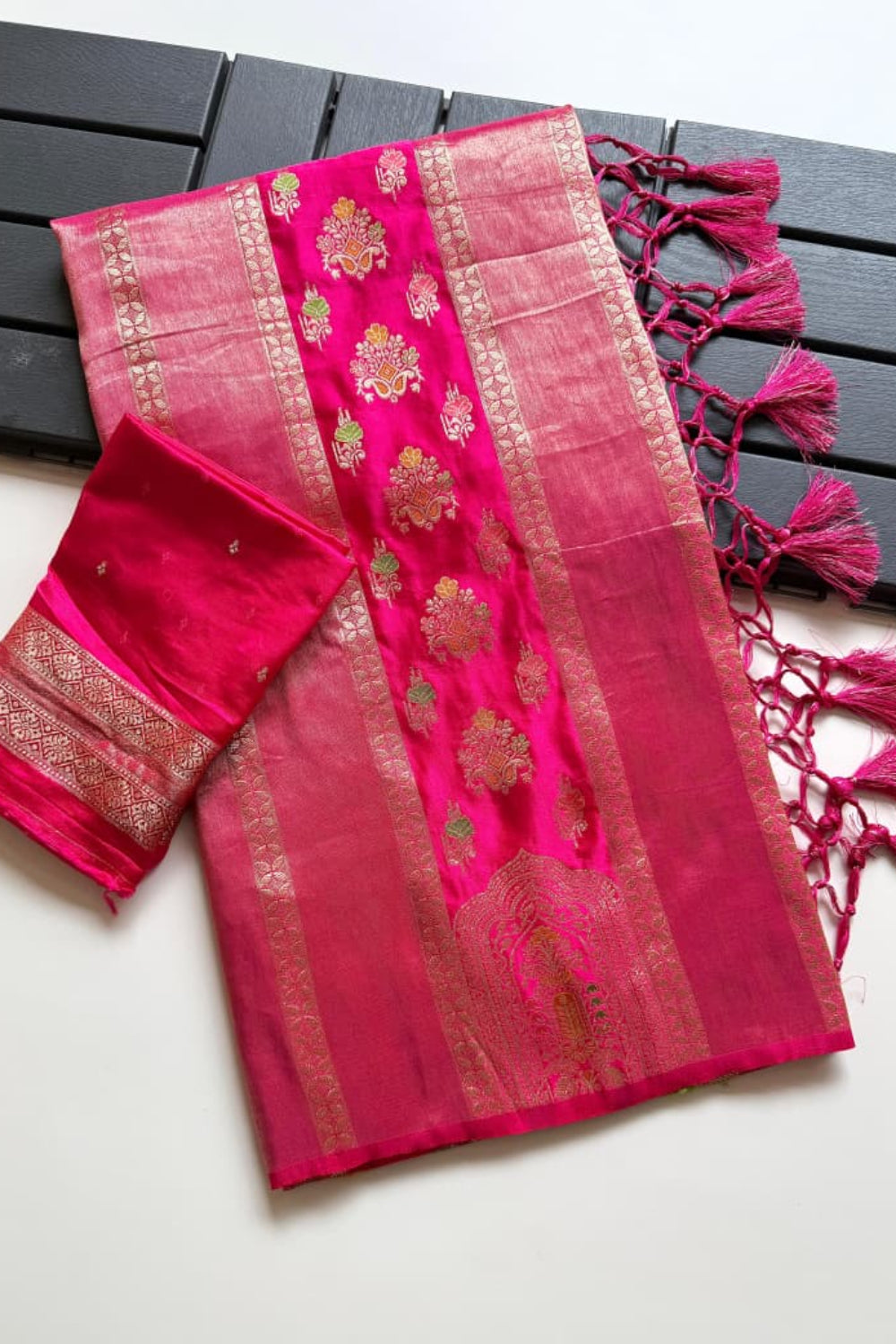 Pink meenakari weaving work festive wear saree