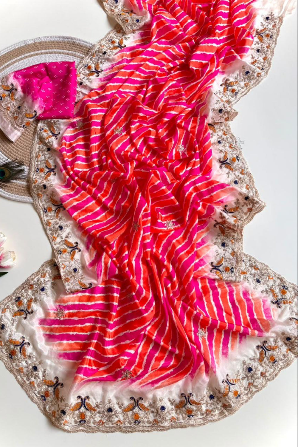 Pink Orange Lehriya print embroidary work festive wear saree