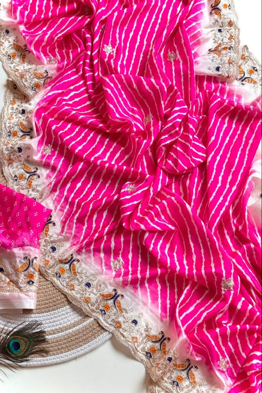 Pink Lehriya print embroidary work festive wear saree