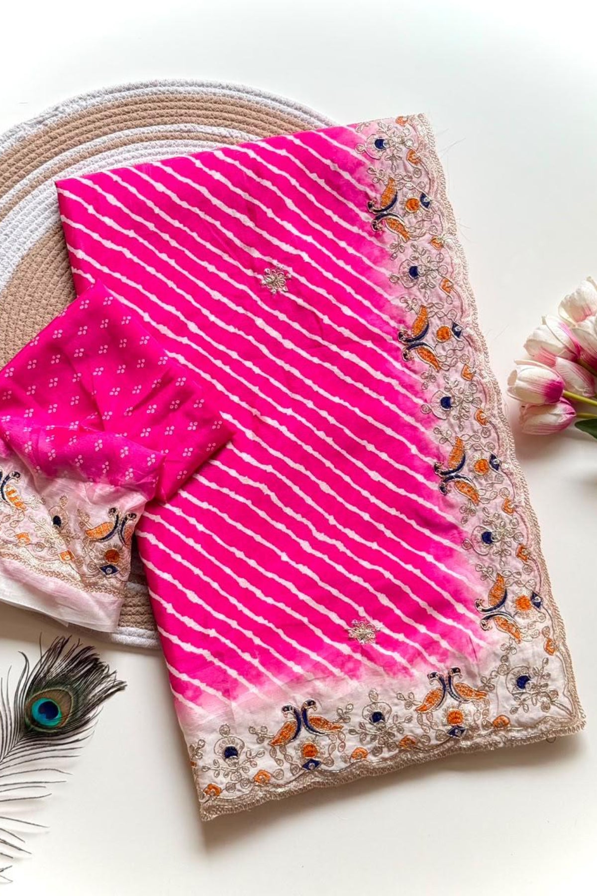 Pink Lehriya print embroidary work festive wear saree