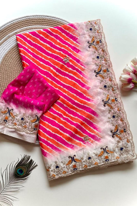 Pink Orange Lehriya print embroidary work festive wear saree